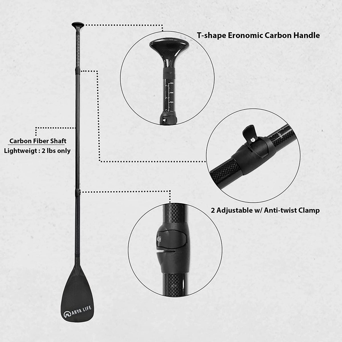 Remo SUP Arya Life 3 Piezas – Pala de Fibra de Vidrio y Vástago de Fibra de Carbono Ajustable