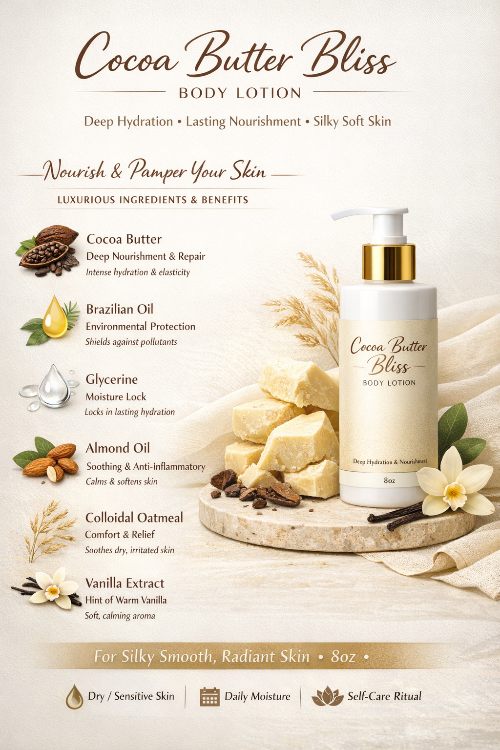 Loción Corporal Mantequilla de Cacao Bliss 8oz – Nutrición Profunda y Aroma Irresistible